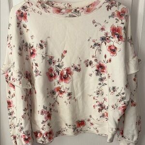 PAIGE Cream Ruffled Sweatshirt with Red Floral Design NWOT